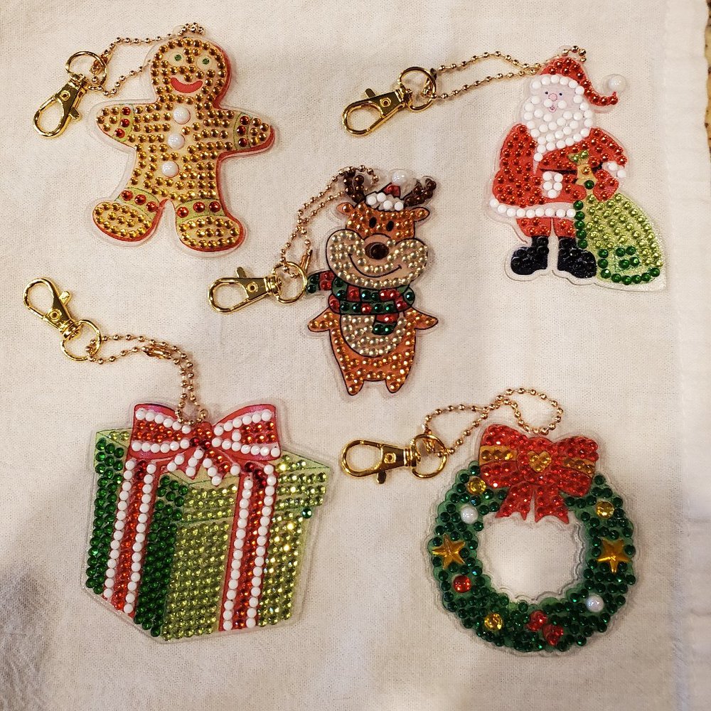 Set of 5 Finished Diamond Painting Christmas Ornaments/Keychains